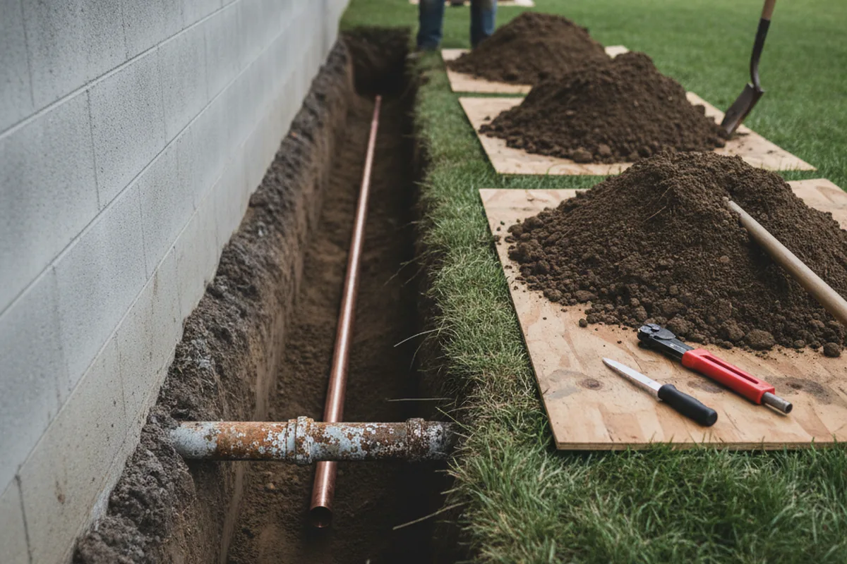 Excavated water line trench during Water Softener Installation in Moonachie